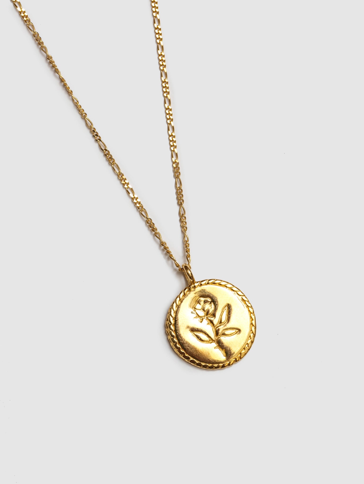 Wolf Circus Rose Coin Pendant Necklace in 14k Gold Plated | Recycled Metals | Circular Engraved Pendant & Singapore Chain-Necklaces-wolfcircus.com