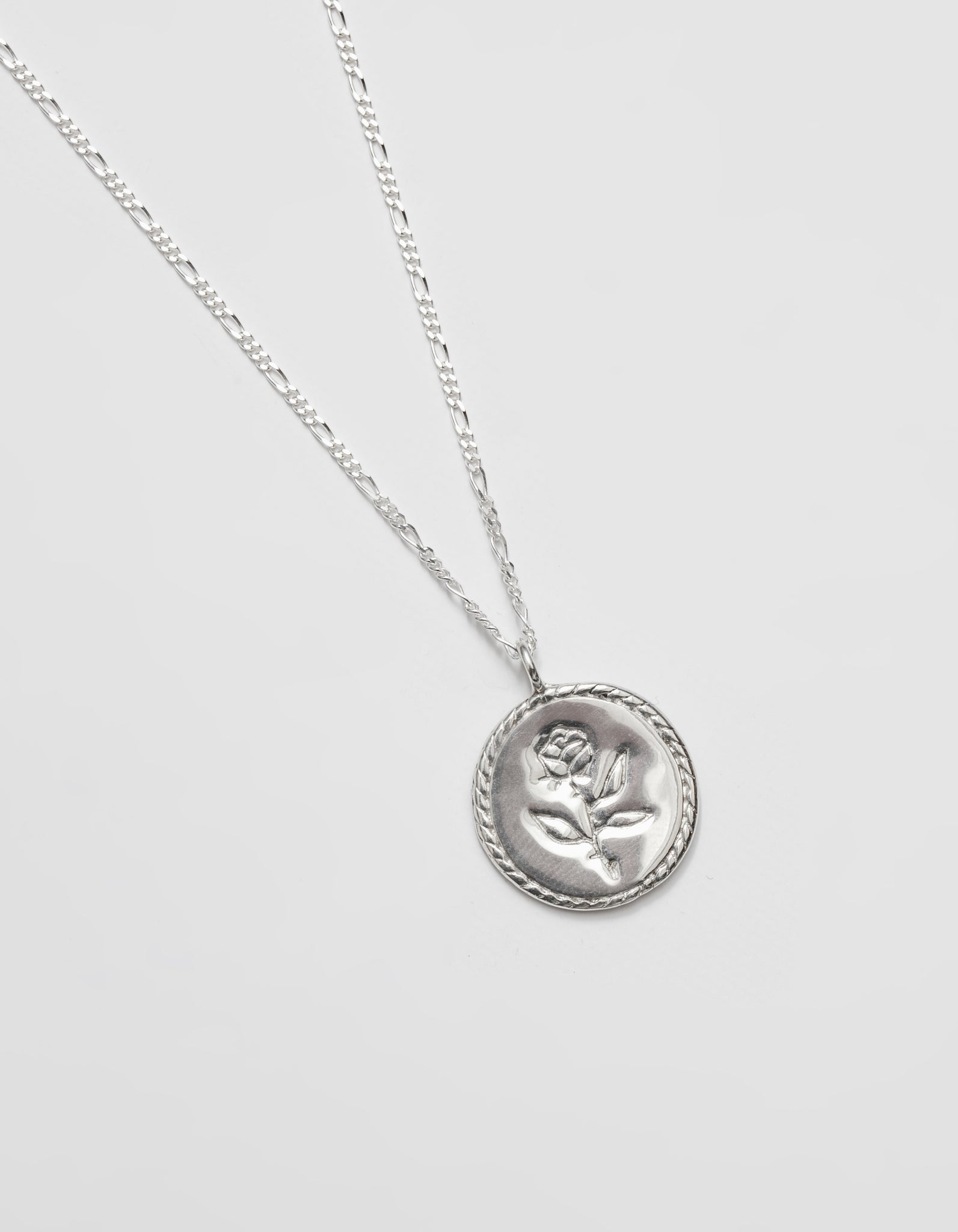 Wolf Circus Rose Coin Pendant Necklace in Sterling Silver | Recycled Metals | Circular Engraved Pendant & Singapore Chain-Necklaces-wolfcircus.com