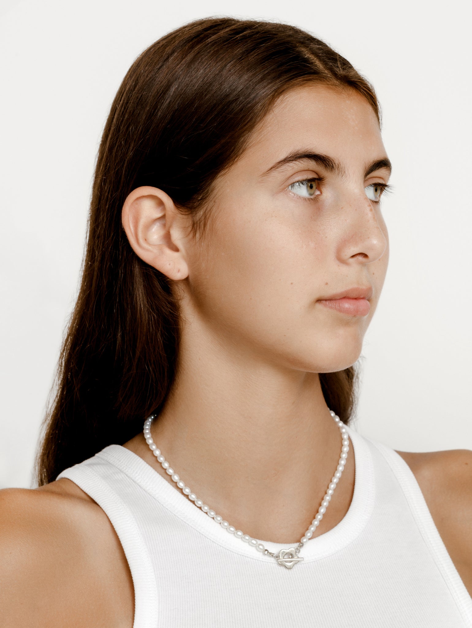 Wolf Circus Freshwater Pearl Necklace w/ Silver Flower Toggle | Sofia Pearl Necklace in Sterling Silver-Necklaces-wolfcircus.com