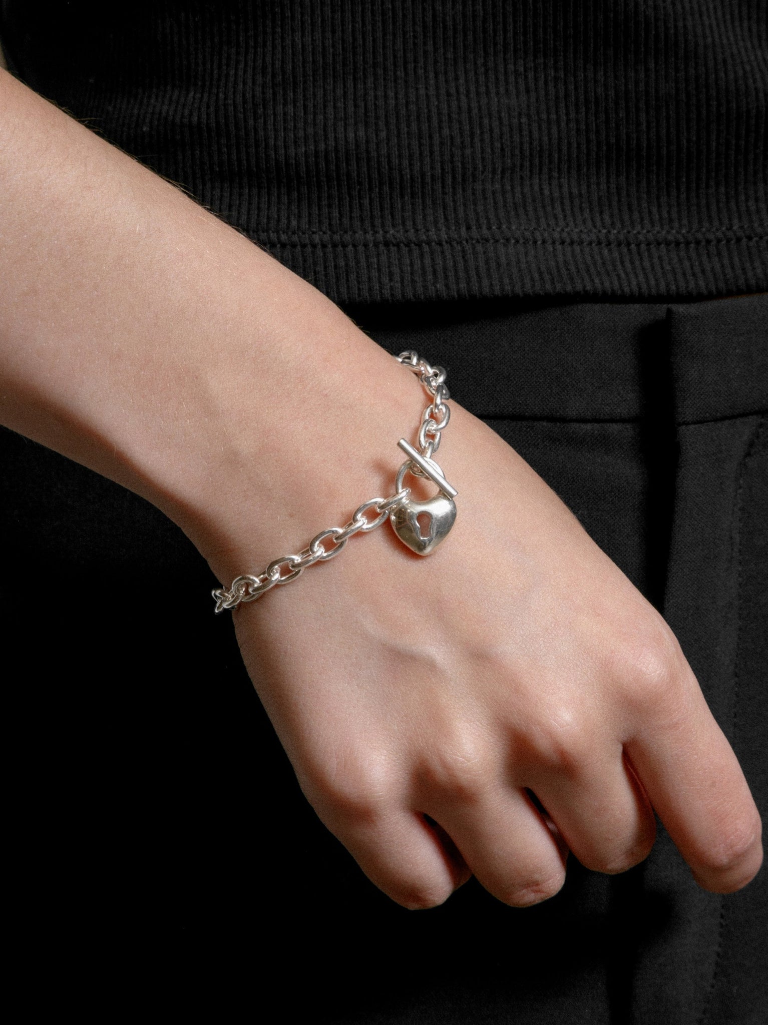 Wolf Circus Heart Lock Pendant Toggle Chain Bracelet in Sterling Silver-Bracelets-7"-wolfcircus.com