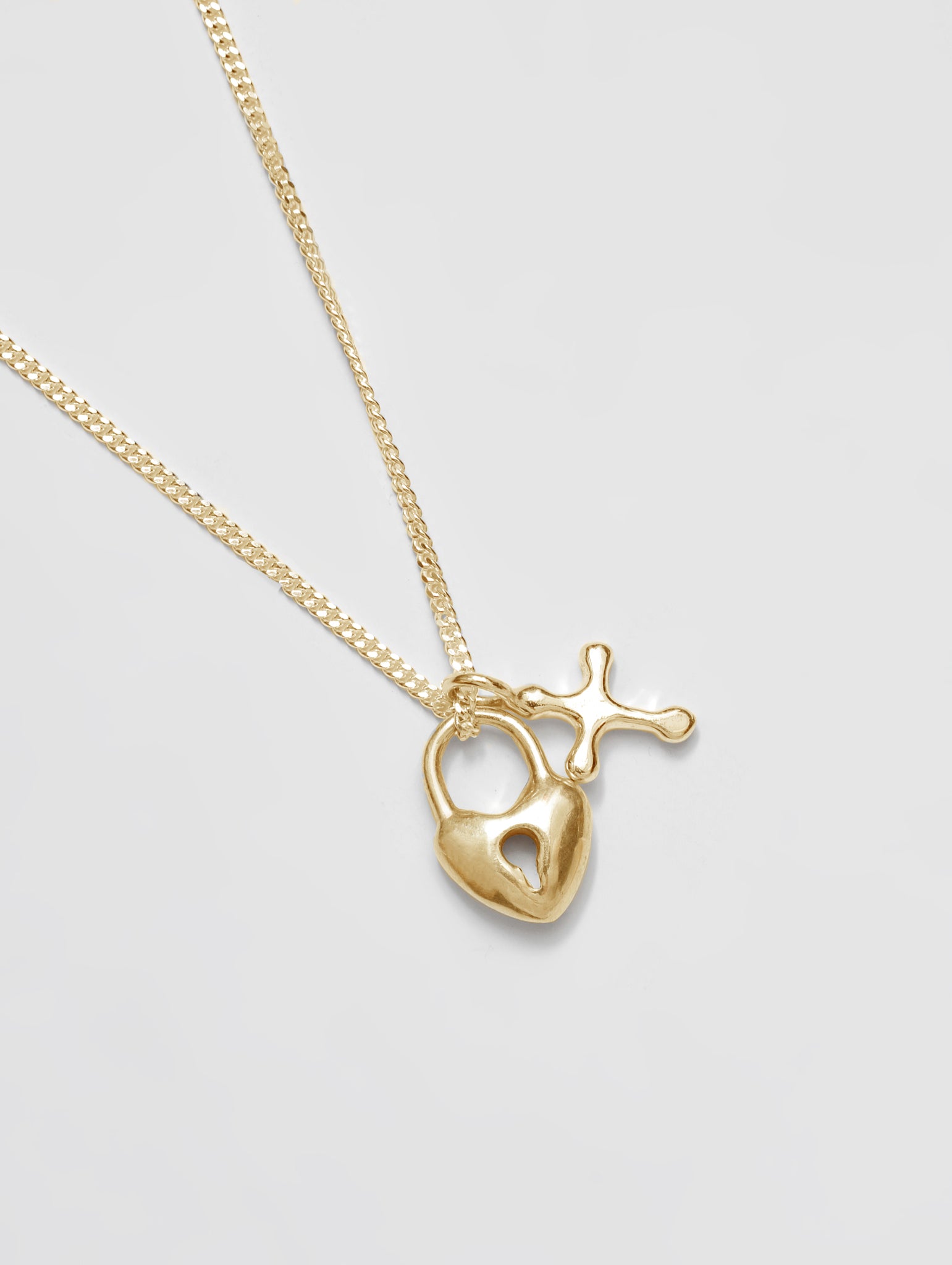 Mini Heart Lock and Cross Charm Necklace in Gold