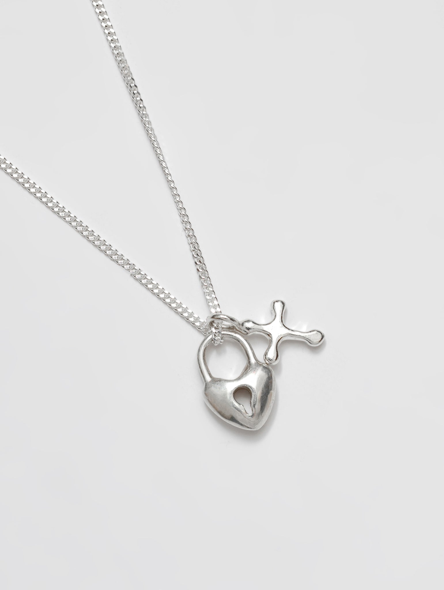 Mini Heart Lock and Cross Charm Necklace in Sterling Silver