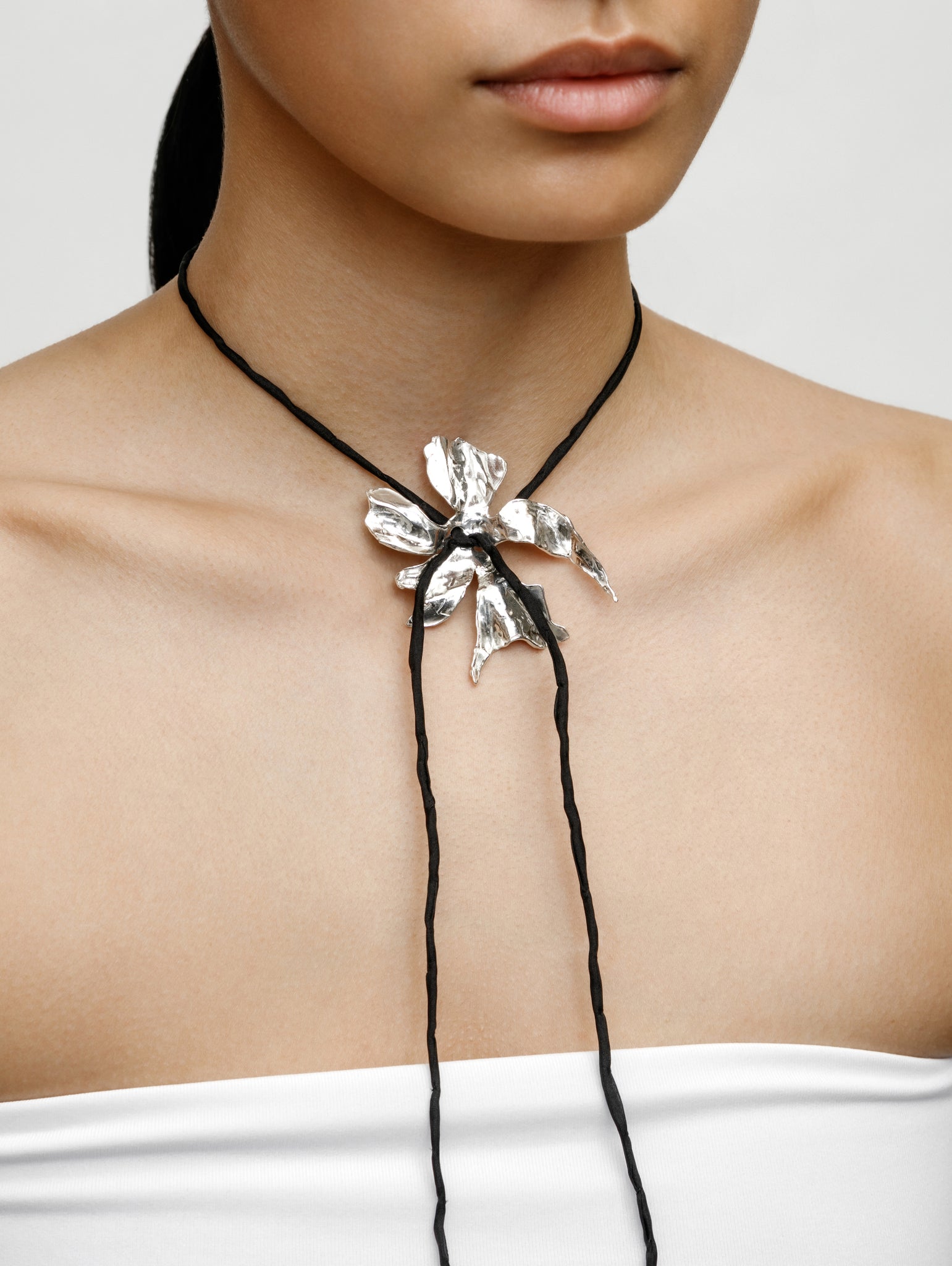Wolf Circus Flower Silk Cord Necklace in Black | Silver Plated Flower Pendant Choker-Necklaces-wolfcircus.com