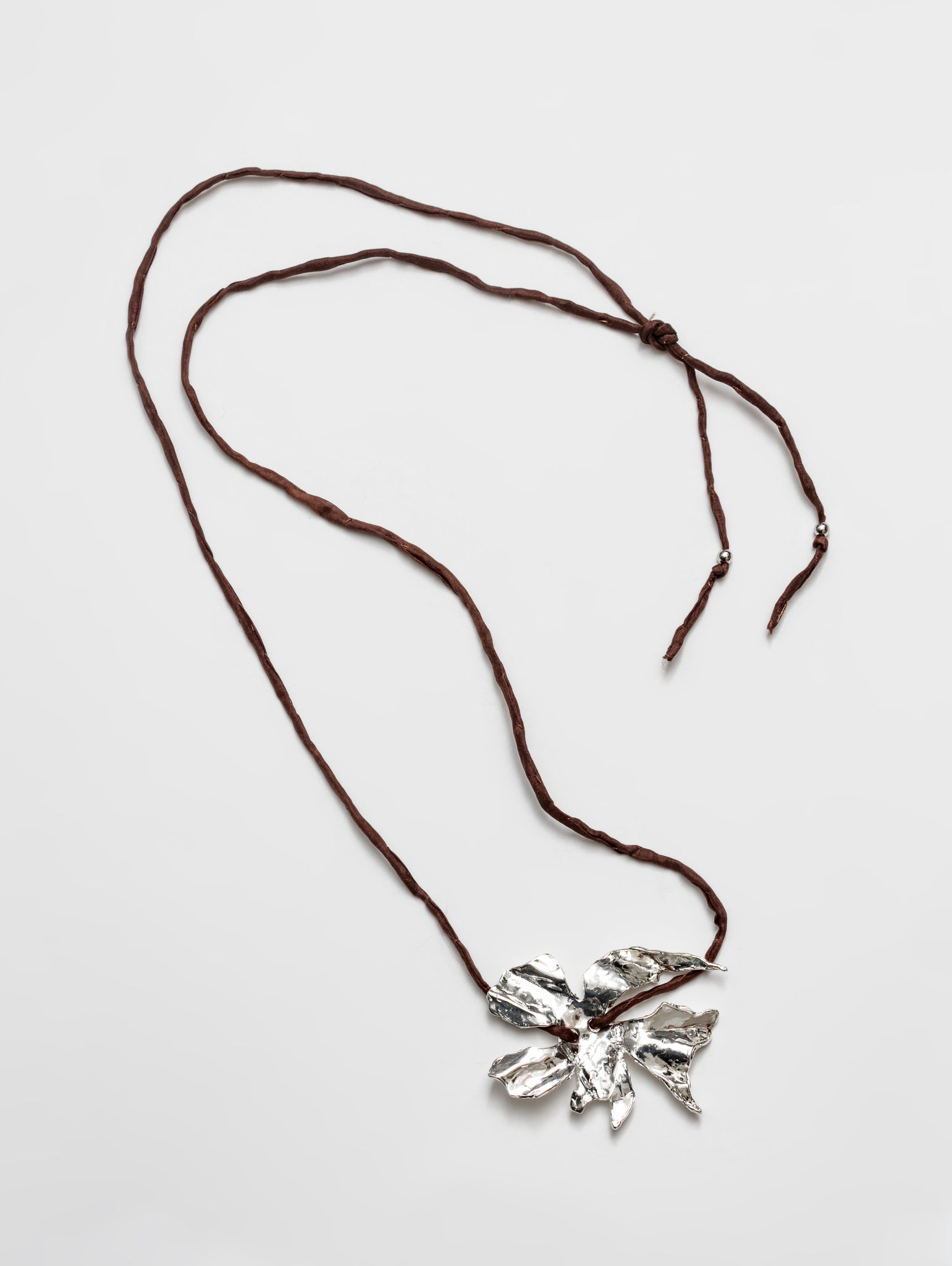 Wolf Circus-Wolf Circus Flower Silk Cord Necklace in Brown | Silver Plated Flower Pendant Choker-
