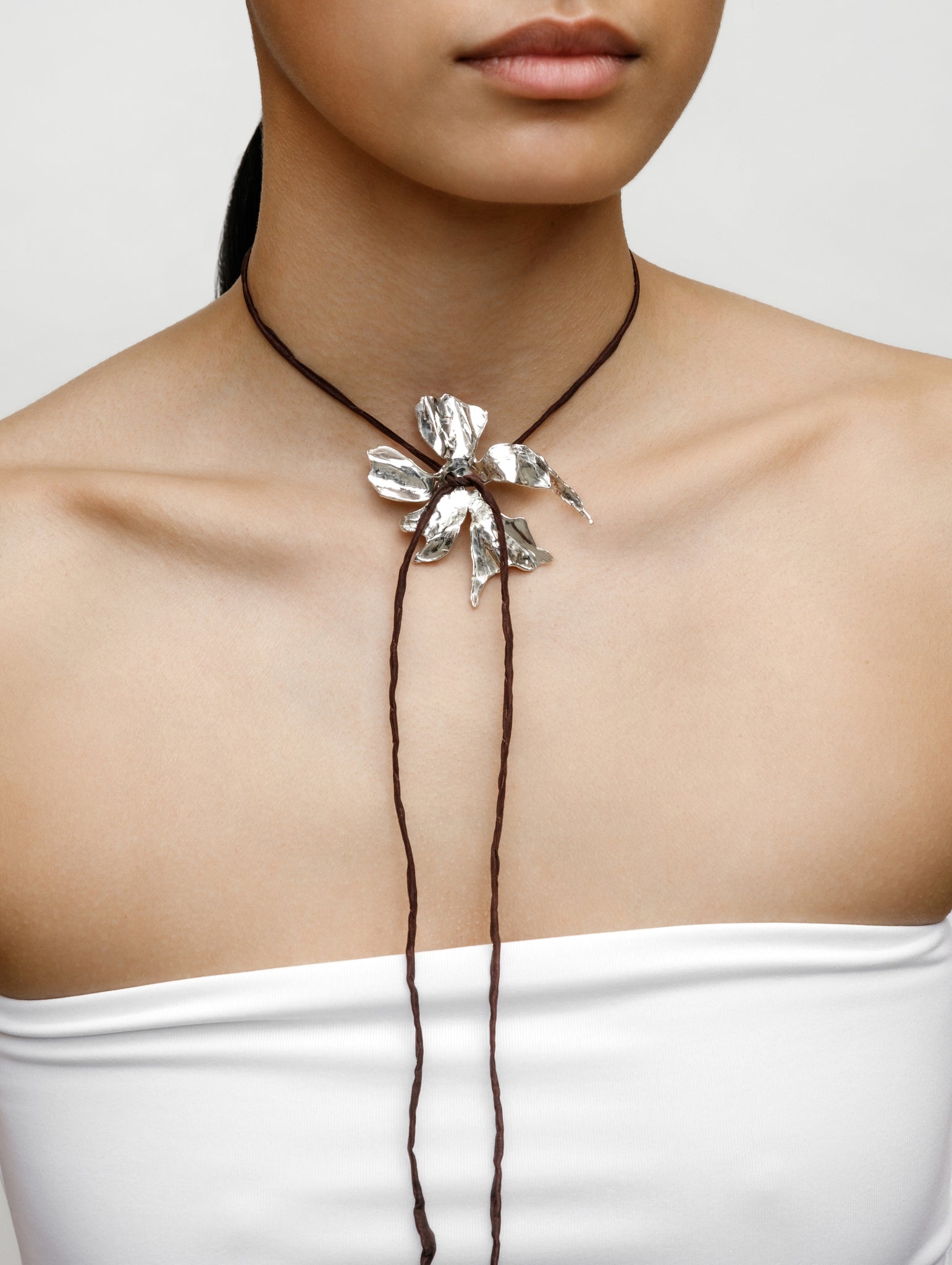 Flower Cord Necklace in Brown