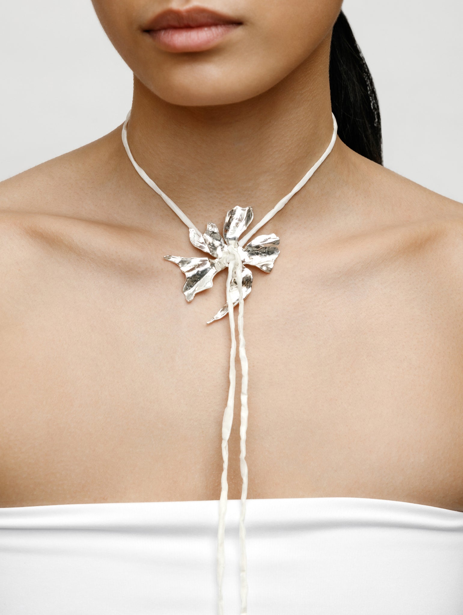 Wolf Circus Flower Silk Cord Necklace in Cream | Silver Plated Flower Pendant Choker-Necklaces-wolfcircus.com