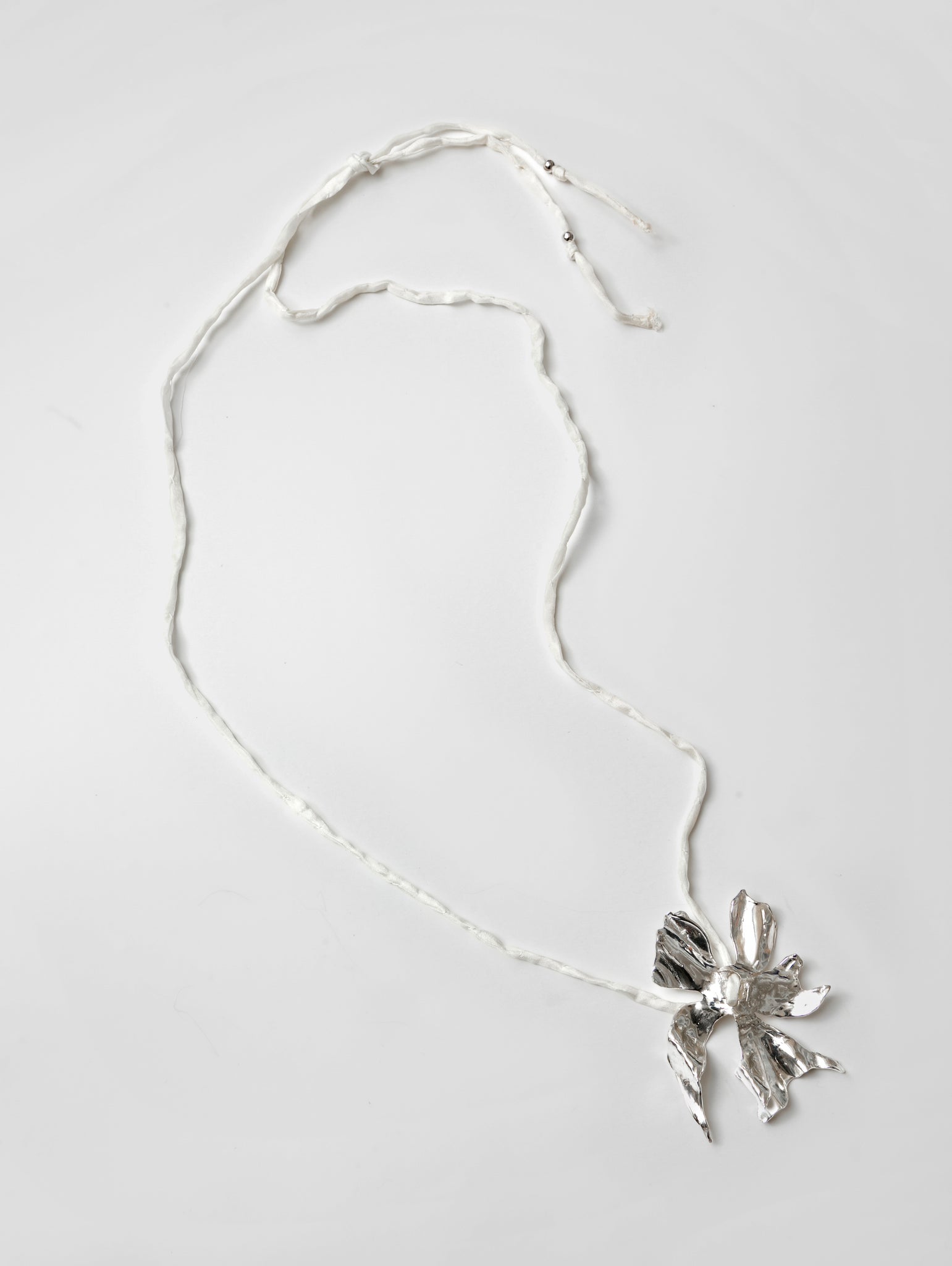 Wolf Circus Flower Silk Cord Necklace in Cream | Silver Plated Flower Pendant Choker-Necklaces-wolfcircus.com