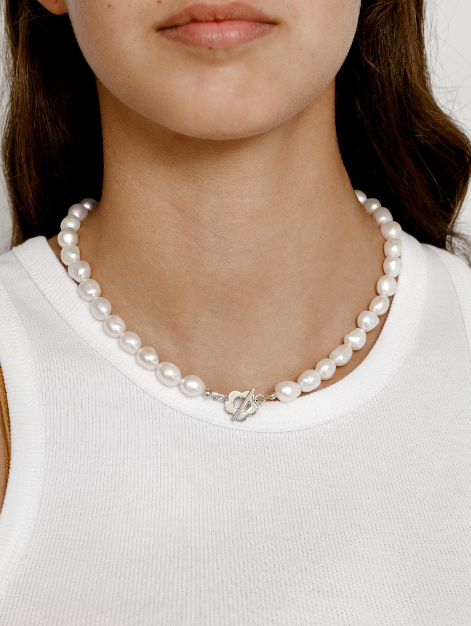 Wolf Circus Pearl Necklace w/ Sterling Silver Flower Toggle | Freshwater Pearls | Lola Pearl Necklace-Necklaces-wolfcircus.com