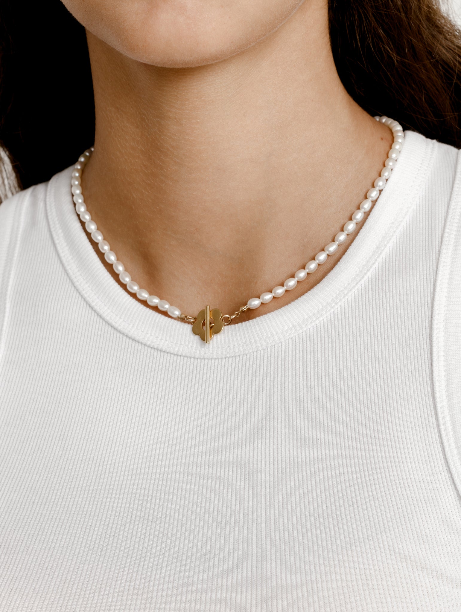 Wolf Circus Freshwater Pearl Necklace w/ Gold Flower Toggle | Sofia Pearl Necklace in Gold-Necklaces-wolfcircus.com