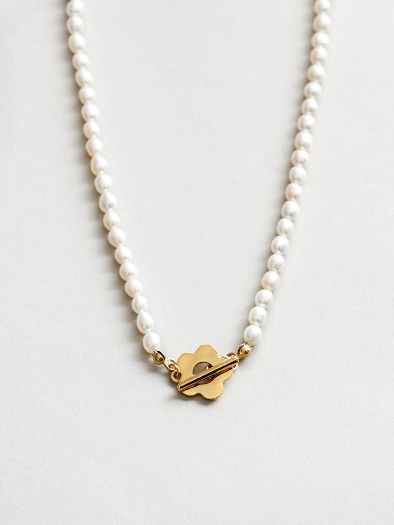 Wolf Circus Freshwater Pearl Necklace w/ Gold Flower Toggle | Sofia Pearl Necklace in Gold-Necklaces-wolfcircus.com