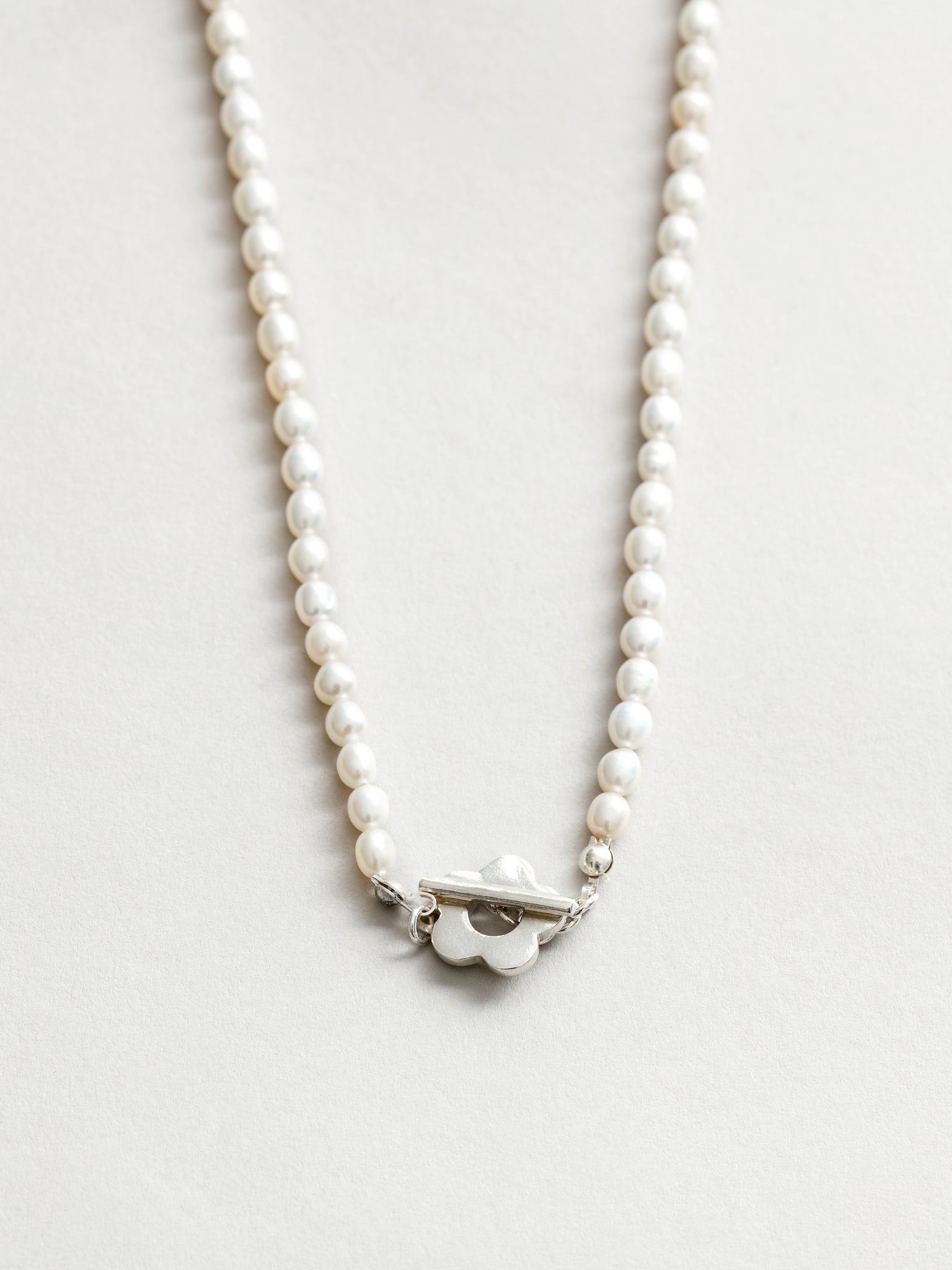 Wolf Circus Freshwater Pearl Necklace w/ Silver Flower Toggle | Sofia Pearl Necklace in Sterling Silver-Necklaces-wolfcircus.com