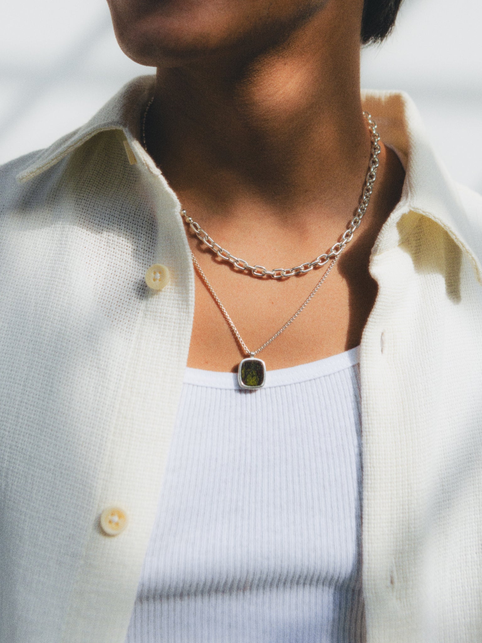 Wolf Circus Classic Unisex Men's Square Natural Gemstone Pendant Necklace Moss Green Stone 925 Sterling Silver | Wells Necklace in Dragon Jasper and Sterling Silver-Necklaces-wolfcircus.com