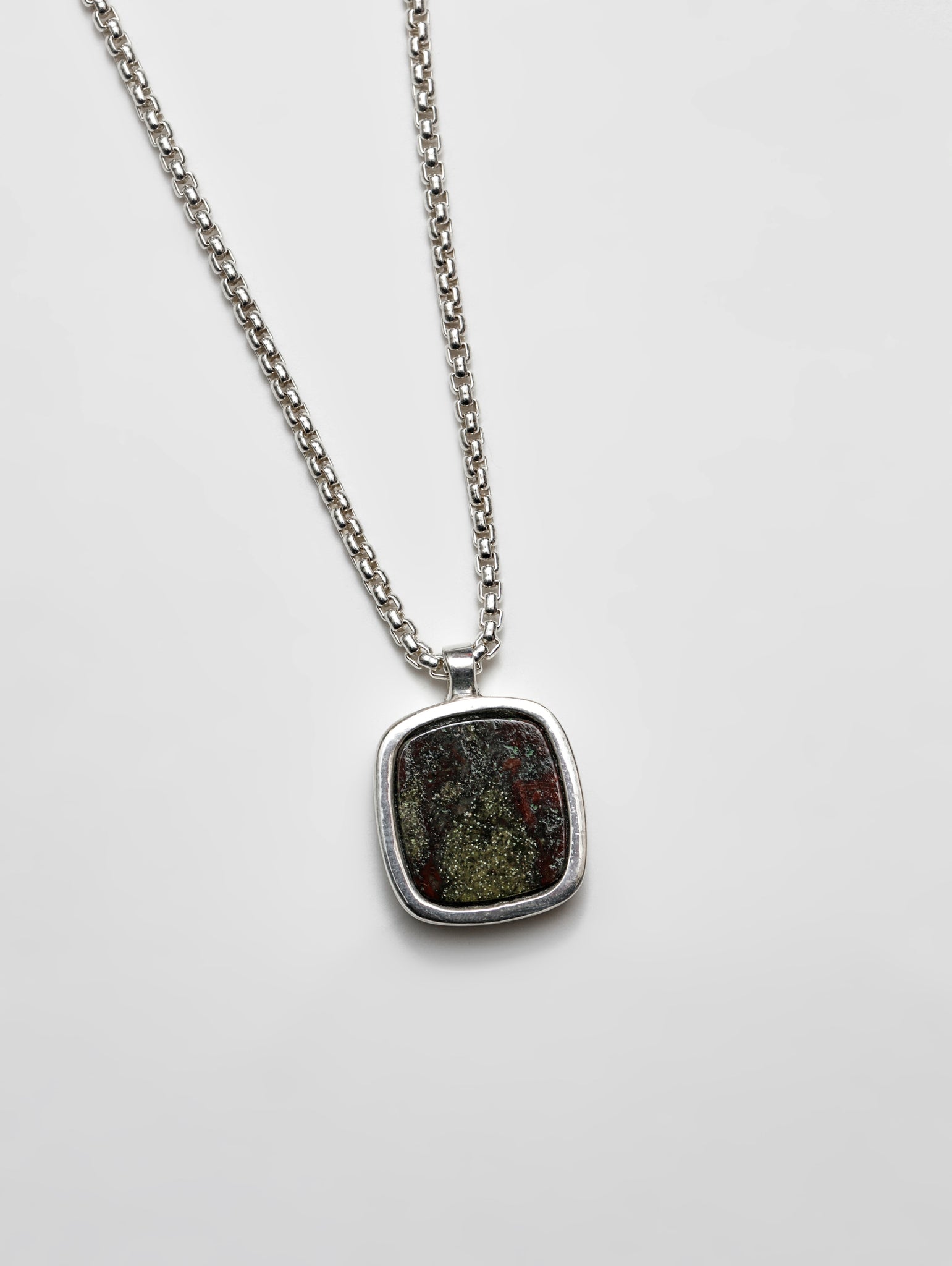 Wolf Circus Classic Unisex Square Natural Gemstone Pendant Necklace Moss Green Stone 925 Sterling Silver | Wells Necklace in Dragon Jasper and Sterling Silver-Necklaces-wolfcircus.com