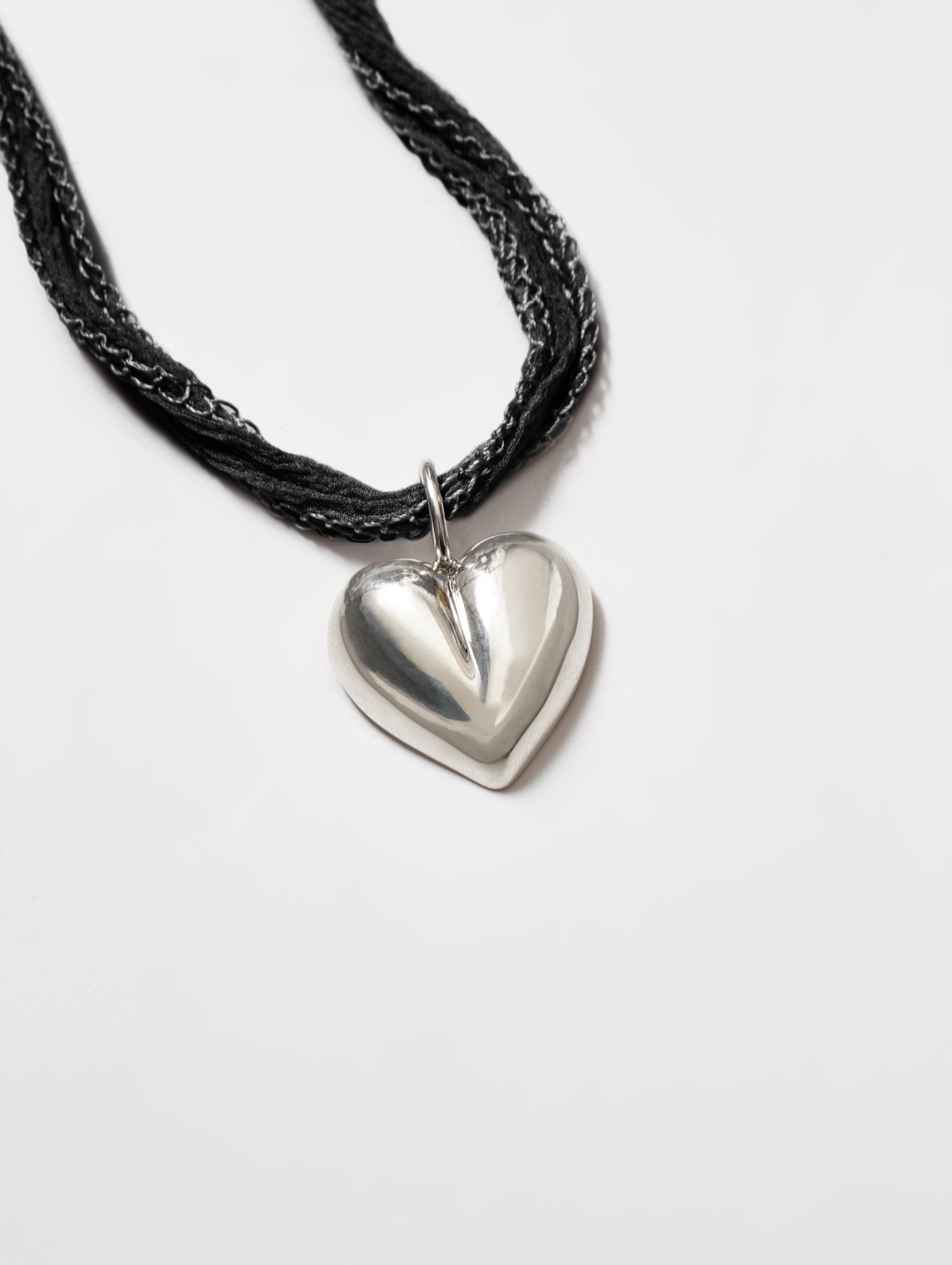 Wolf Circus Statement Silver Plated Heart Pendant Dark Black Silk Ribbon Cord Necklace | Joni Cord Necklace in Black