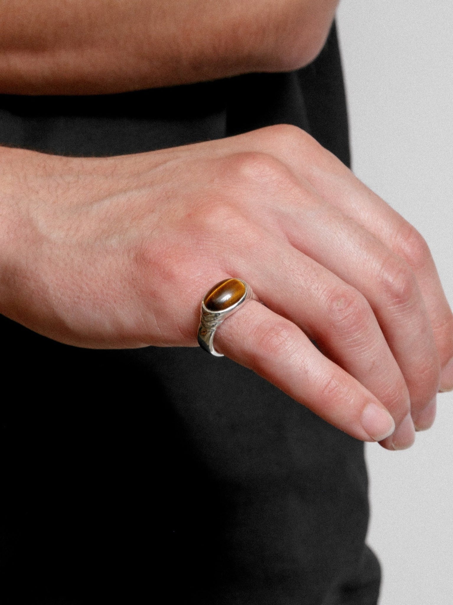 Wolf Circus Statement Unisex Horizontal Oval Signet Tiger's Eye Inlay Brown Gemstone 925 Sterling Silver | Column Ring in Sterling Silver-Rings-wolfcircus.com